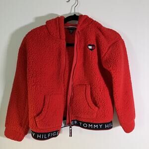 Tommy Hilfiger Jacket Girls Medium 8/10 Red Sherpa Fleece Hooded Full Zip Pocket